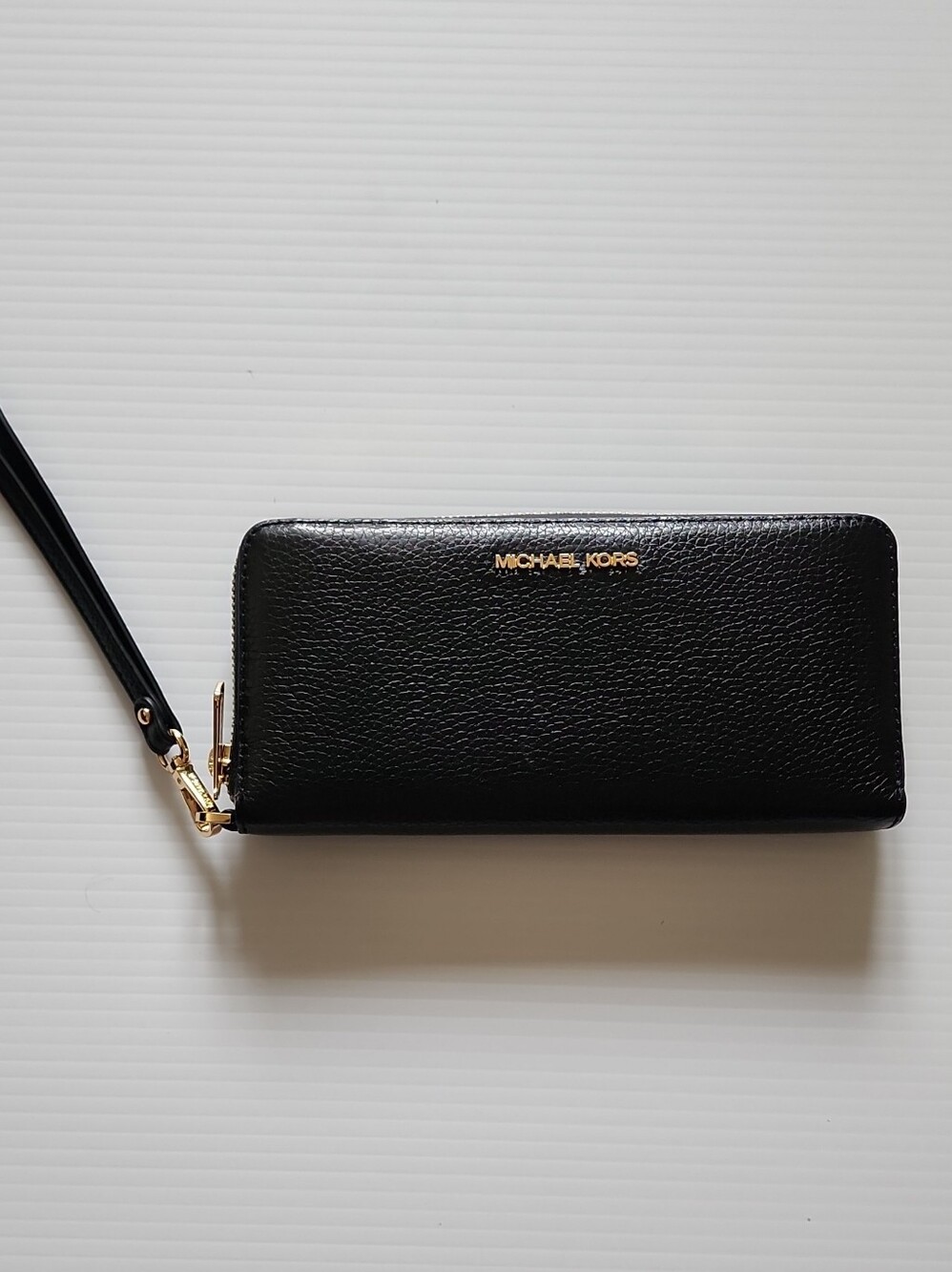 Michael Kors Black Leather Zip Wristlet with Gold Logo